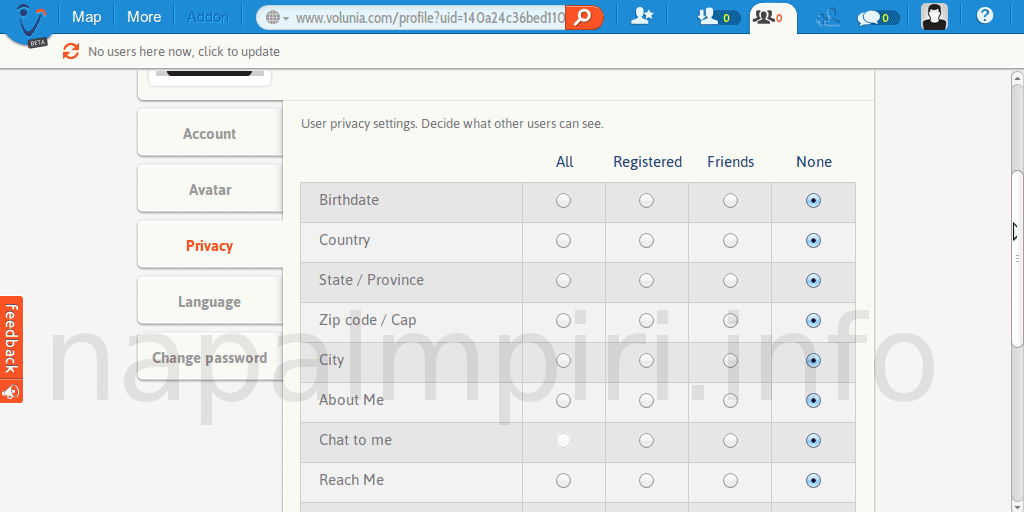 volunia privacy controls